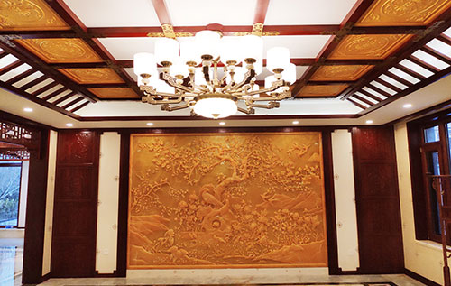 南头镇中式别墅客厅中式木作横梁吊顶装饰展示